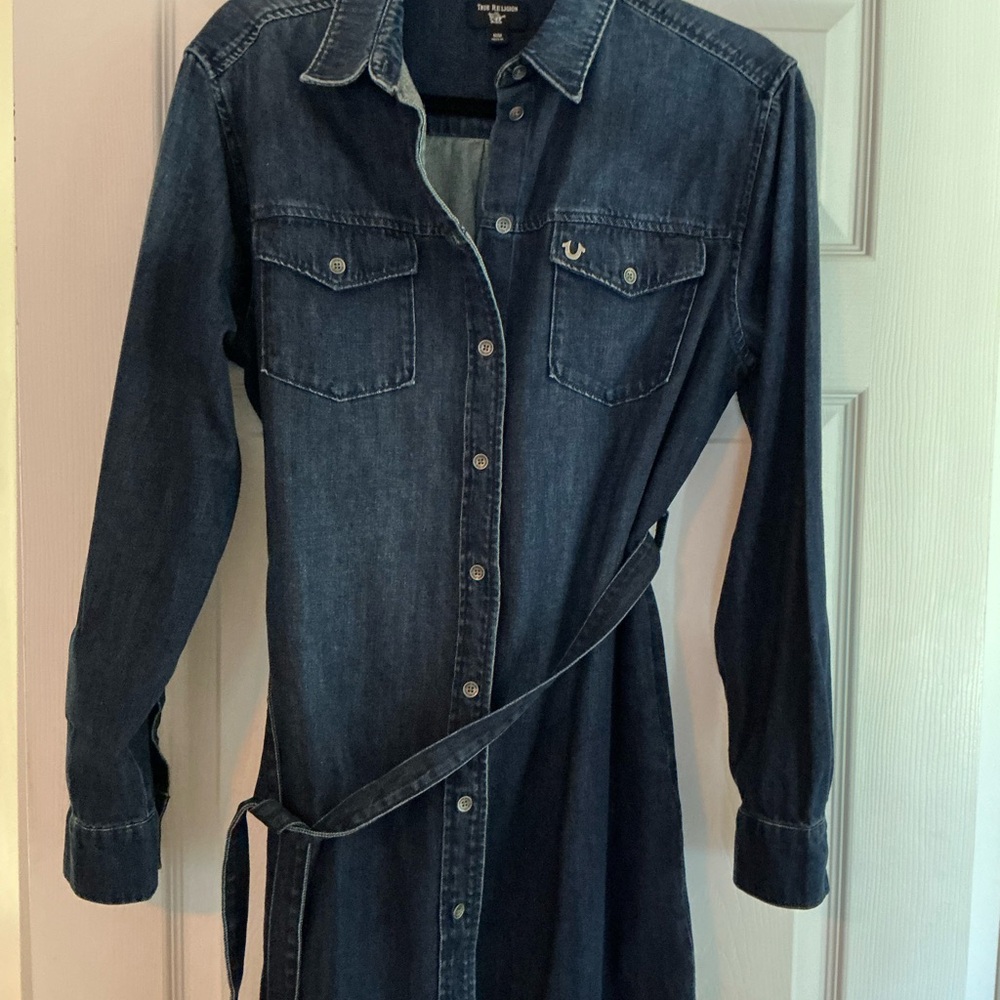True Religion Blue Long Sleeve Notched Collar Dress